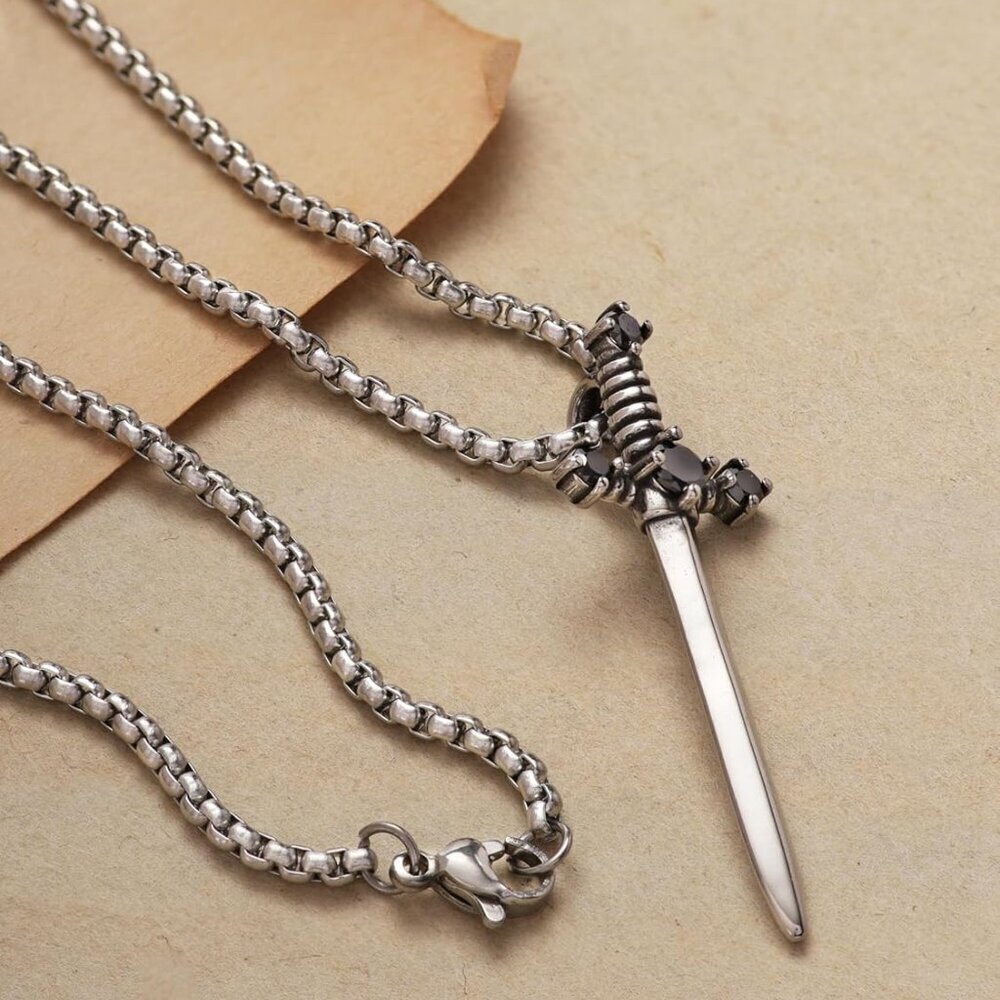 Gothic Silver-tone Sword Necklace Titanium Steel Punk Emo Gift for Women - Picture 5 of 7